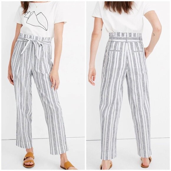 Madewell high rise Paperbag Pants linen in Dark Baltic Stripe 0 - Picture 1 of 9